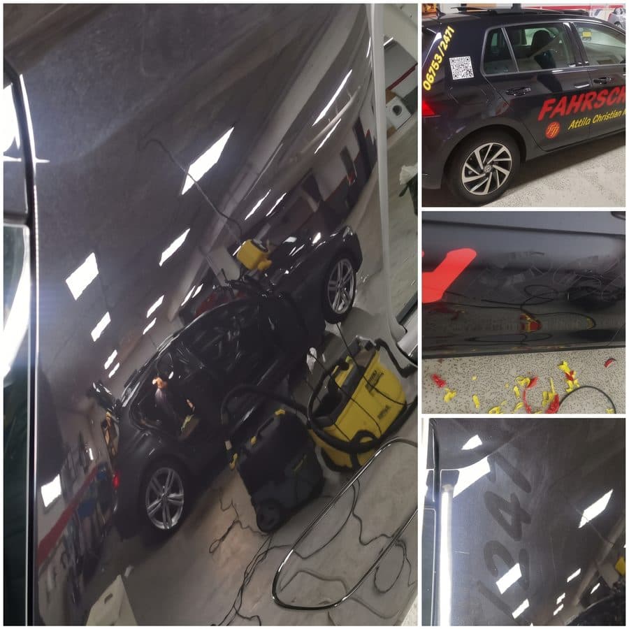 Entfolierung eines Fahrschulwagens in der Halle von Custom Autospa: Beschriftung auf der Tür, Folienreste beim Ablösen, Umriss im Lack und das fertige Fahrzeug