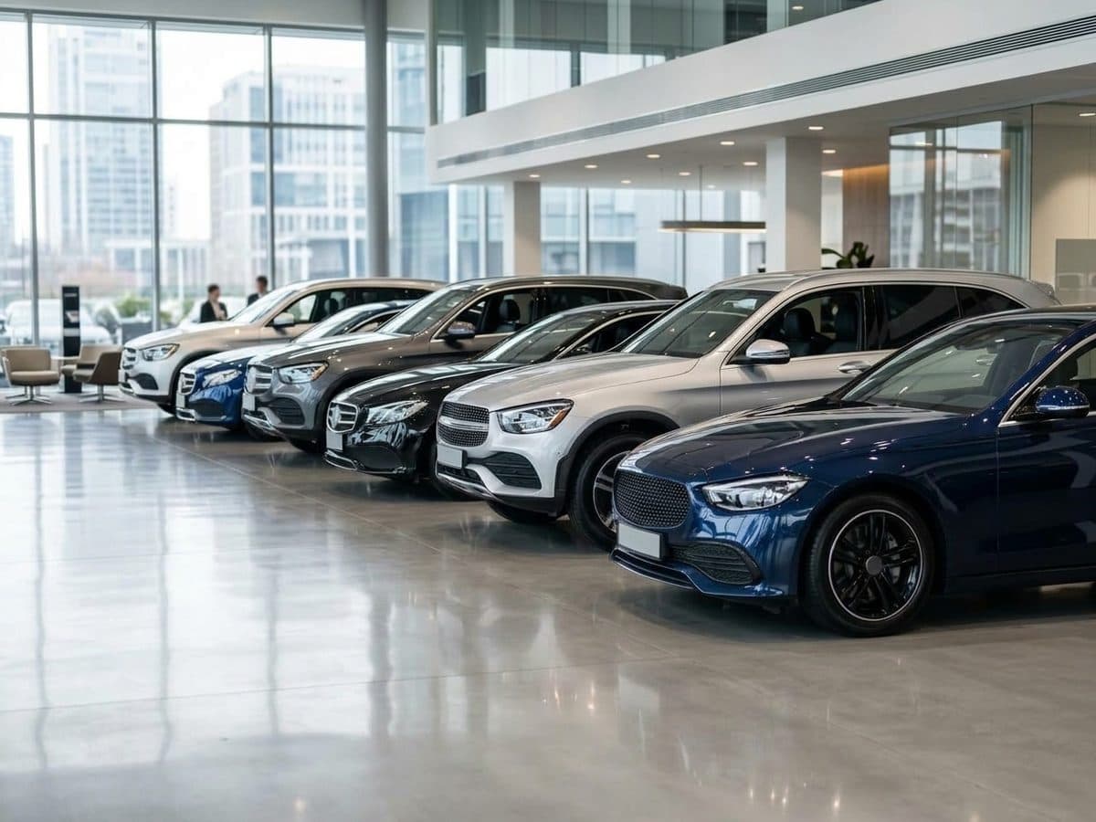 Reihe aufbereiteter Fahrzeuge im Showroom eines Autohauses