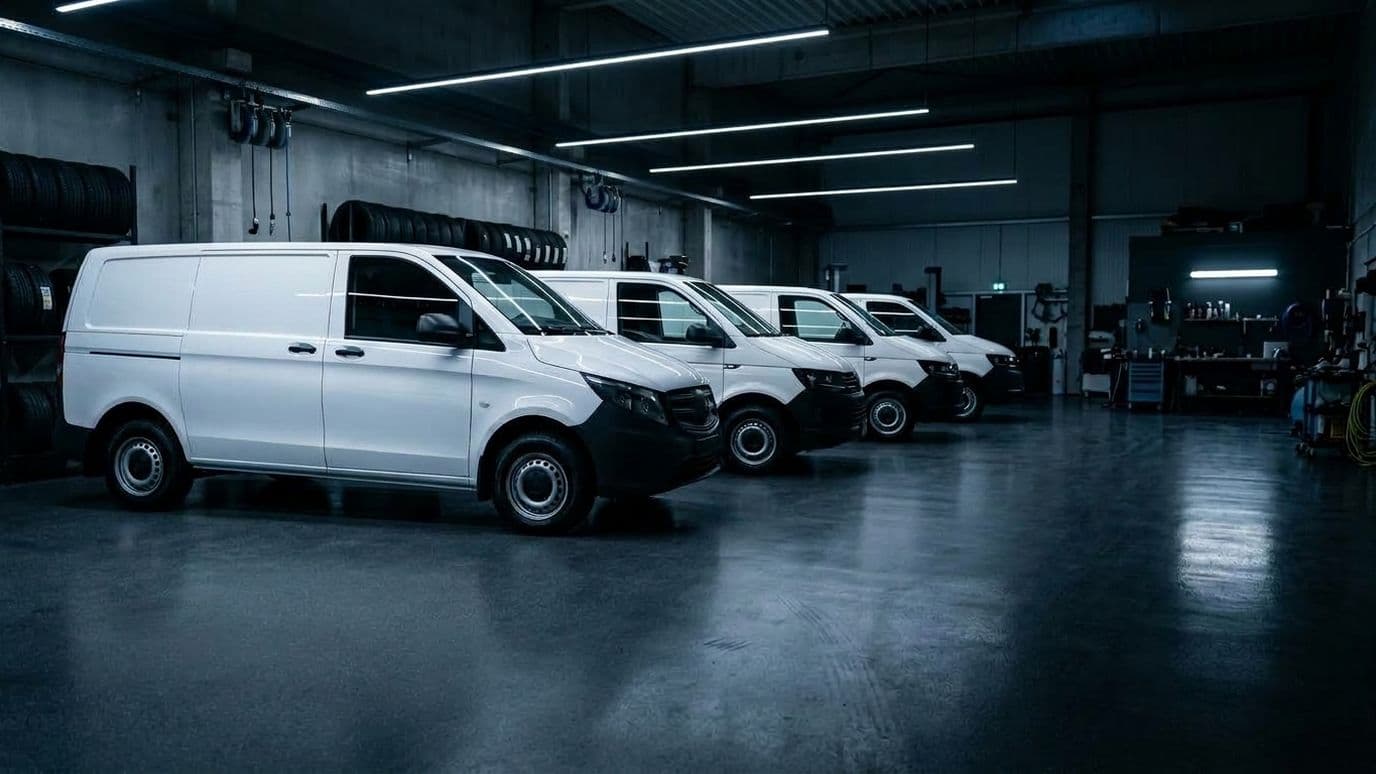 Reihe frisch aufbereiteter Firmentransporter in der Werkstatt